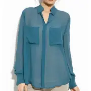 NWT BCBG Max Azria Emma Blouse Tahiti Blue Chiffon Long Sleeve High Hi Low S