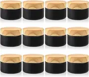 DMuuuDM 12 Pcs 1 Oz Frosted Cream Jar,Empty Refillable Glass Cosmetic Container Jars Holder with Inner liner,Wood Grain Lid for moisturizer,Foundation,Lotion,Ointment-Black
