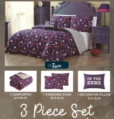 All Sports TWIN Comforter Set 3 Piece Sham and Decorative PIllow In the Zone