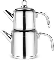 Karaca New Mani Turkish Teapot Set - Stainless Steel Teapot with Lid - (Turkish Tea Pot 1 Liters & Water Tank 2 Liters) - Midi Tea Maker & Induction Tea Kettle, Silver
