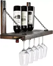 Wall Mounted Wine Rack with Glass Holder, Floating Wine Shelf & Glass Rack Set f