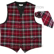 New Vesuvio Napoli Men's plaid checkered Tuxedo Vest Waistcoat_Necktie Red