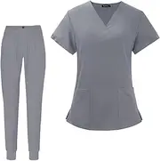 [UxicRuya] Womens Clothing Sets Nurse Work Uniform Workwear Elastic Waist V Neck Scrub Top Jogger Scrub Pants for