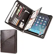 CataPurus Top Grain Leather 12.9" Large Portfolio, Solid Vintage Design, Handmade, Large Capacity Multi-Functional Business Zip Padfolio, Suitable for Cards/Tablet/Phone/A4 Doc, Dark Coffee 12.9 Inch