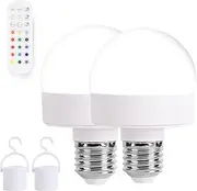 2 Pack Rechargeable Light Bulb with Remote: E27 Battery Backup Bulb for Sconce Lamps - Dimmable Detachable RGBCW 15 Colors and 3 Timer, Non-Hardwired