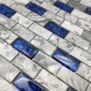 Navy Blue and Gray Glass Stone Tile in 1x2 Subway Pattern Polished Marble Mos...