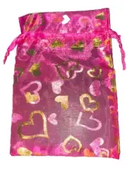 50PCS Pink Organza Bags Heart Print Satin Drawstring Valentine's Day Mother's.