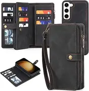 Compatible with Samsung Galaxy S23 5G Wallet Case Lanyard Wrist Strap Card Holder and Leather Multi-Function 2in 1 Detachable Magnetic Phone Cover for S 23 23S GS23 G5 SM-S911U 6.1inch Women Men Black
