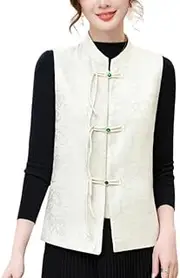 [DSAoTeng] Women's Stand Collar Buckle Peach Flower Brocade Waistcoat-Casual Elegant Vintage Embroidered Qipao Style Sleeveless Gilet Outerwear