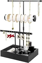 TOPNEW Jewelry Organizer Stand 3-in-1 Jewelry Holder for Necklaces Bracelet Earrings & Ring Jewelry Tree Jewelry Tower Metal & Wood-Black