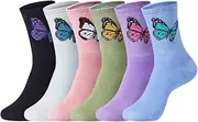 [AKAMAS] 6 Pairs of Women's Colourful Leisure Socks, Funny Colourful Butterfly Print Pattern Crew Socks, Breathable Warm Cotton Socks, Sports Socks, Fashionable Funny Motif Ankle Socks for Girls,