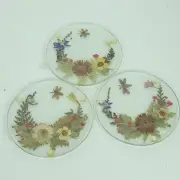 Dried Flowers Butterfly Glass Coaster Pressed Set Of 3 Drink Holder Coffee Table