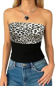 [Nlife] Leopard Stacked Foldover Tube Tops Detachable Spagetti Strap Overlay Camisole Cheetah Color Block Fold Over Cami