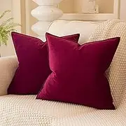 JUSPURBET Burgundy Christmas Decorative Velvet Throw Pillow Covers 16x16 inch Set of 2,Broadside Soft Cushion Case with Invisible Zipper for Sofa Couch Bed