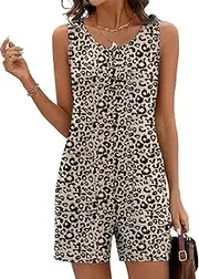 [Rapbin] Summer Outfits for Women 2025 Sleeveless Scoop Neck Rompers Button Loose Fit Printed Short Jumpsuits (Leopard, S), Leopard, Small