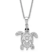 Sterling Silver Cheryl M Rhodium-Plated Brilliant-Cut Black Glass And White Cz Filigree Turtle 18 Inch Necklace