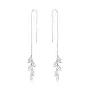 Sterling Silver Leaves Long Drop Hypoallergenic Threader Earrings