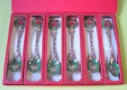 1980s Vintage Korea Enamel Christmas Spoons with Pine Cone Motif + 1983 Date