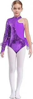 [Riismen] Kids Girls Shiny Sequins Feather Ballet Dance Skirted Leotard Modern Jazz Latin Bodysuit Dancewear