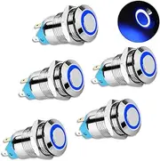 12mm Momentary Push Button Switch, Waterproof 12V SPDT Self-locking ON/OFF Switch Start Button with Blue Light, 4 Pin Metal Latching Switch for 1/2" Mounting Hole Car Marine Home, 5 Pack