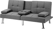 OIKITURE 3-Seater Sofa Bed, Futon Couch with Adjustable Backrest and Detachable Armrest, Convertible Sofa Couch with Cup Holder for Home Living Room, Bedroom, Linen Fabric, Grey