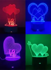LED 3D Illusion Anime Heart Night Light - 4 Designs, 7 Colors, Color Cycling