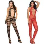 Striped Diamond Net Bodystocking Crotchless Footless Open Front Lingerie 1632
