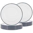 12x White Enamel Dinner Plates Steel Outdoor Camping Dinnerware 25.5cm Navy