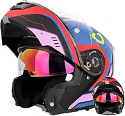 Motorcycle Helmet Flip-Up Helmet Full Face Helmet Double Visor DOT/ECE Certified Helmet Motorcycle Full Face Helmet Scooter Helmet Crash Helmet for Women Men B,2XL=63-64CM