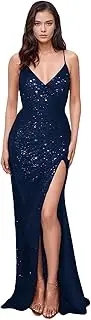 MisShow Sparkly Sequin Prom Dresses for Women Sexy V-Neck Side Slit Evening Gown Cocktail Party Long Dresses