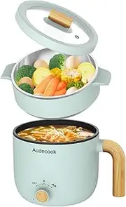 Audecook Electric Hot Pot with Steamer, 1.5L Rapid Noodles Cooker, Portable Nonstick Mini Multicooker, Electric Skillet with Dual Power Control for Ramen/Pasta/Egg/Soup/Oatmeal (Green)