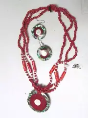 NWT Indonesia Asian Set- ABALONE Shell Pendant CORAL RED Necklace 16" & Earrings
