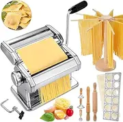 [Hushee] 8 Pcs Pasta Maker Machine Set Including Stainless Steel Noodle Maker Machine Wood Pasta Drying Rack Ravioli Stamp Maker Cutter with Pasta Cutter Wheel Mini Rolling Pin Cleaning Brush