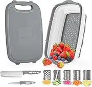 Gintan Camping Cutting Board, 9-in-1 Collapsible Chopping Board with Colander, Gifts for Campers Happy Camper,Camping Accessories for RV Campers (Gray)