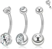 [PunkTracker] Titanium Belly Button Rings, Internally Threaded 8/10/12/14mm Long Belly Rings, Classic Round CZ Navel Belly Piercing for Women Men