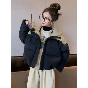 女童短款羽絨服冬季韓版連帽保暖白鴨絨洋氣中大童拼色面包服外套