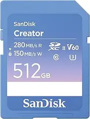SanDisk Creator SDXC 280/150MB/s U3 V60 RPD-2 UHS-II 512 GB Memory Card, Blue
