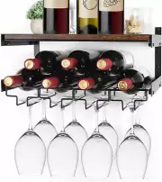 Wine Rack Wall Mounted with Stemware Rack, Wine Glass Rack Wall Mounted,Holds 8