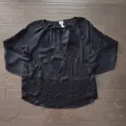 Chico's Size 2 Sheer Peasant Blouse Crochet Lace Black Chiffon Boho NWT Large