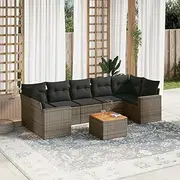 8 Piece Grey Poly Rattan Outdoor Furniture Set with Cushions, Patio Conversation Set, Table, Chairs for Porch, Balcony, Garden and Bistro