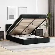 Queen Faux Leather Ottoman Bed with Mattress and LED, Storage, Bedroom Furniture, Metal Frame, Bedframe, Slats Base, BedHead - Black