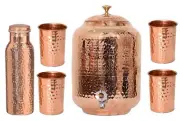 Hammered Pure Copper Water Dispenser Pot 8 Liter Matka with 1 Bottle & 4 Tumbler
