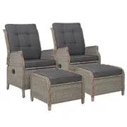 4 Piece Elizabeth Wicker Recliner Chairs with Ottomans (Grey)