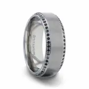 Domed Titanium Brushed Men's Band with Black Sapphires on Sides - 8mm