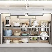 Under Sink Organizer, 2 Tier Expandable Cabinet Shelf Organizer, Multi-Purpose Under Storage Rack with 5 Removable Panels and 5 Storage Basket, Metal Under Sink Organizers and Storage for Kitchen