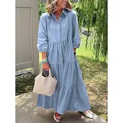Women's Maxi Dress A Line Dress Casual Daily Regular Fit Plain 3/4 Length Sleeve Lapel White Yellow Blue Orange Spring Fall