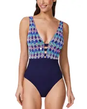 Profile by Gottex Retro Riviera Deep V Neck Halter One Piece Swimsuit