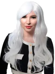 Deluxe Long White Curly Womens Costume Wig with Side Fringe