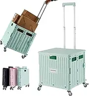 MACOPRO Folding Utility Cart Portable Rolling Crate Handcart Shopping Trolley Collapsible Tool Box, with Lid, Basket on 4 Rotate Wheels, for Grocery, Shopping, Office, Storage, Teacher (green)