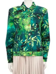 Green Denim Leaf Printed Jacket